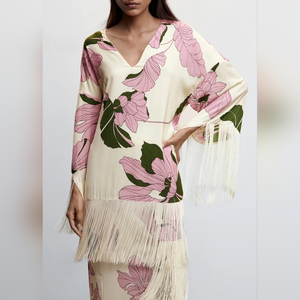 Mango Cream Blouse with Pink Floral Print and Green Leaves